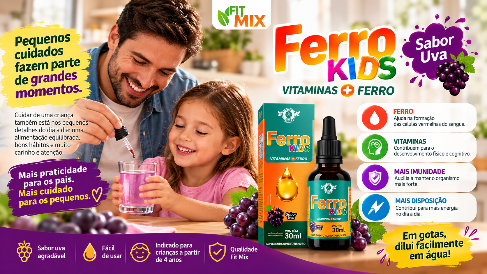 Pai pingando as gotas do Ferro Kids em um copo com água para a filha