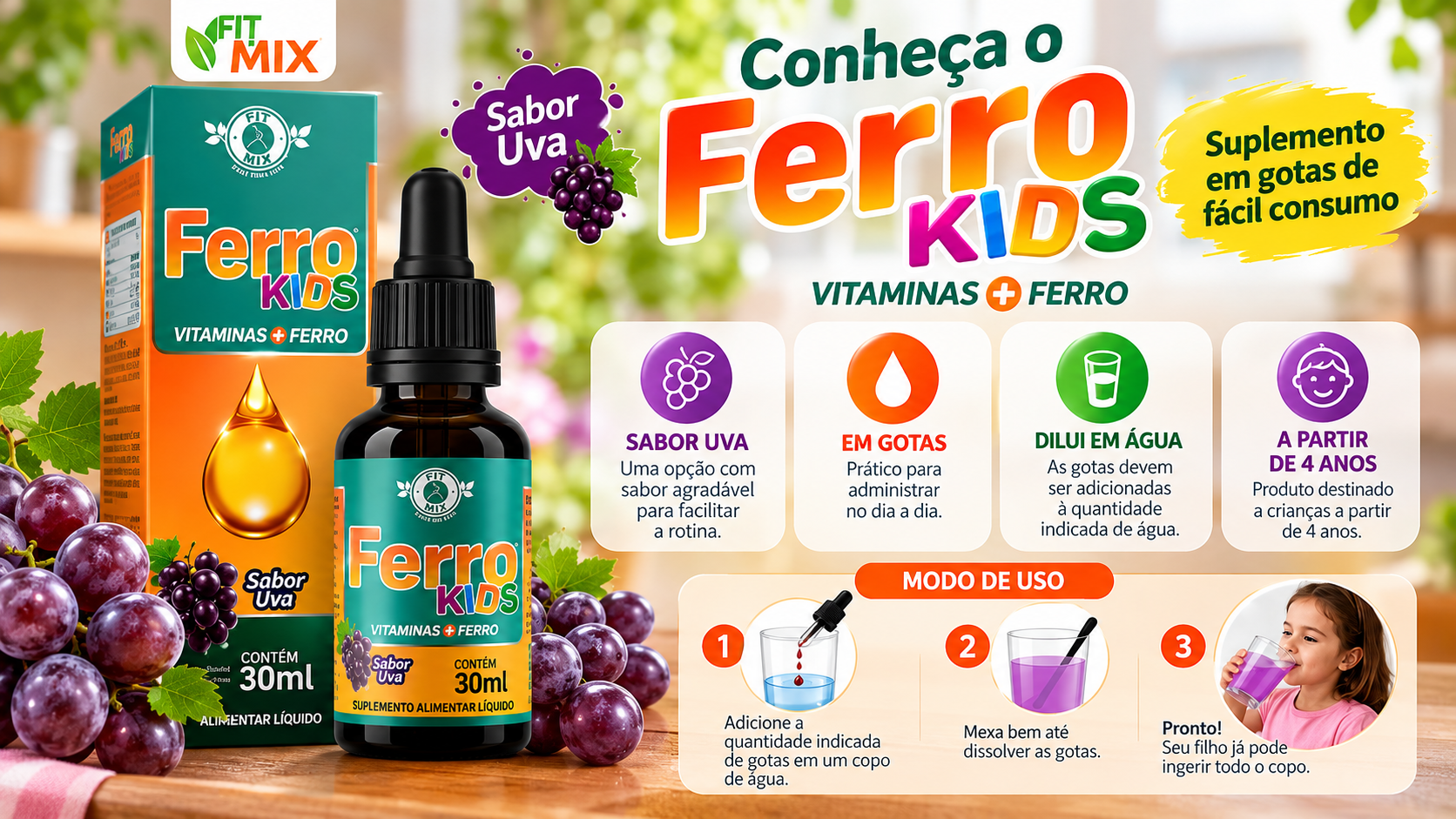 Embalagem e frasco do Ferro Kids Fit Mix de 30 ml sabor uva com cachos de uva ao lado